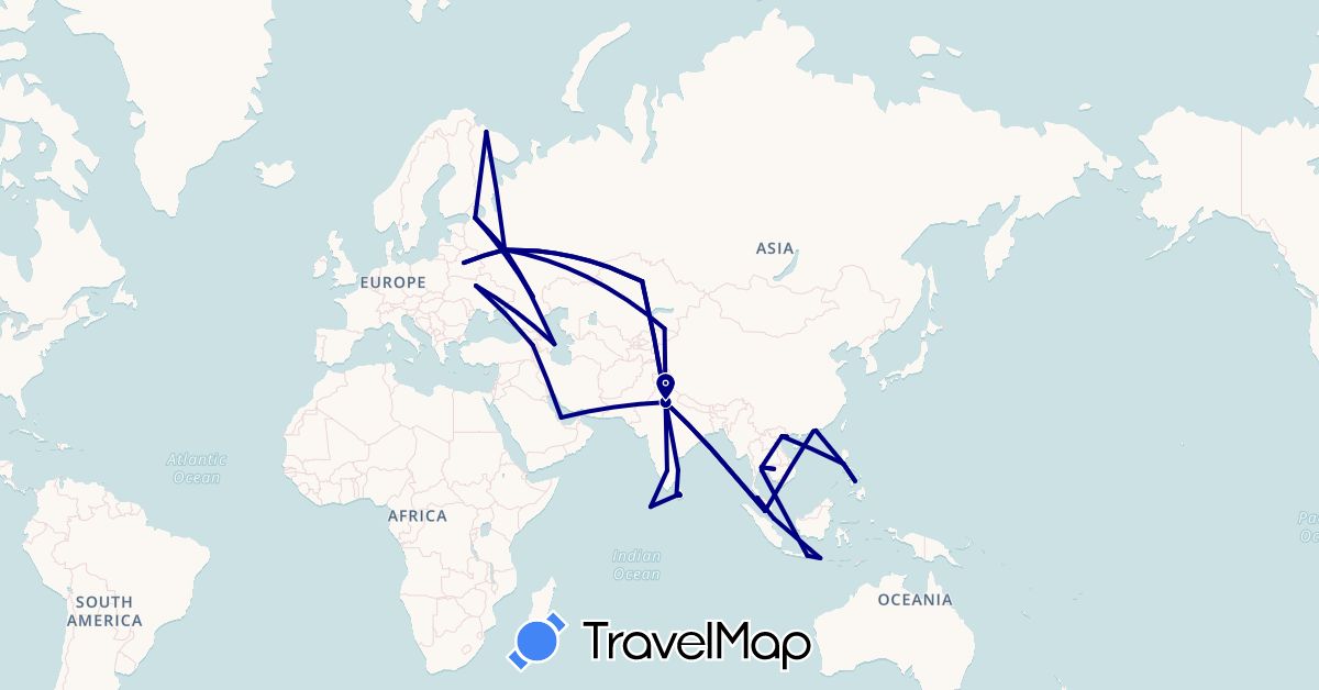 TravelMap itinerary: driving in Armenia, Azerbaijan, Belarus, China, Indonesia, India, Cambodia, Kazakhstan, Sri Lanka, Maldives, Malaysia, Philippines, Qatar, Russia, Singapore, Thailand, Ukraine, Vietnam (Asia, Europe)